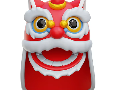 Traditional Festive Red Lion Dance Head Decorative Ornament Set With Yellow Decorations And White Mane 3d model