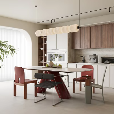 Modern Dining Table Set with Chairs Hanging Lamp Wooden Cabinets and Green Plant in Kitchen 3d model