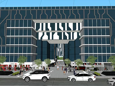 Contemporary Building Exterior Design With Glass Curtain Wall Entrance Stairs Trees Pedestrians And Cars 3d model