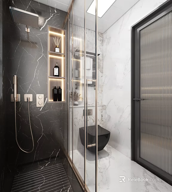 Elegant Modern Bathroom With Marble Walls Transparent Glass Shower Black Toilet And Wall Mounted Shelves 3d model 