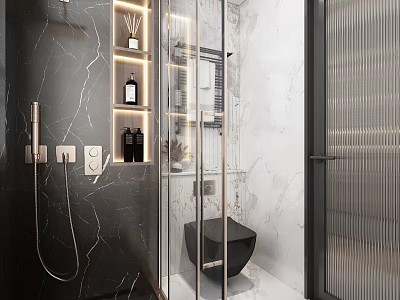 Elegant Modern Bathroom With Marble Walls Transparent Glass Shower Black Toilet And Wall Mounted Shelves 3d model