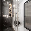 Elegant Modern Bathroom With Marble Walls Transparent Glass Shower Black Toilet And Wall Mounted Shelves