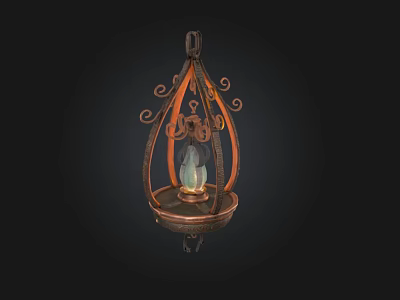 Antique Copper Lantern With Curved Scroll Metal Frame Transparent Glass Shade And Glowing Inner Object 3d model