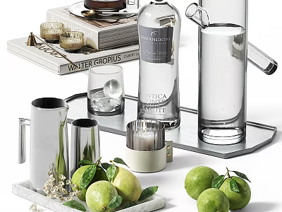 Modern Tableware Set With Glassware Pitcher Tray Fresh Limes Candles And Books 3d model
