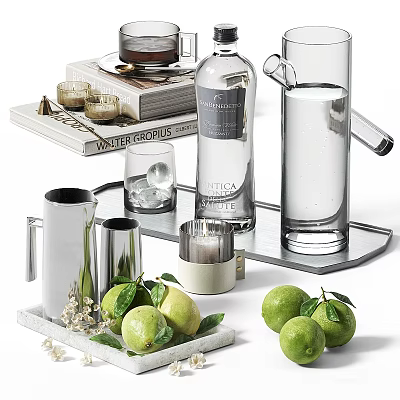 Modern Tableware Set With Glassware Pitcher Tray Fresh Limes Candles And Books 3d model