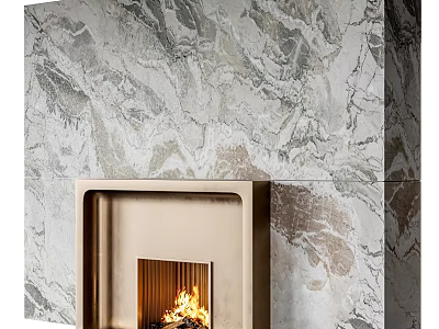 Modern Fireplace With Marble Wall And Burning Fire In Metallic Frame 3d model