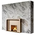Modern Fireplace With Marble Wall And Burning Fire In Metallic Frame