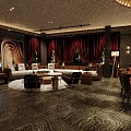 Luxurious Private Box Interior With Round Dining Table Brown Chairs Chandelier Sofa And Red Curtains