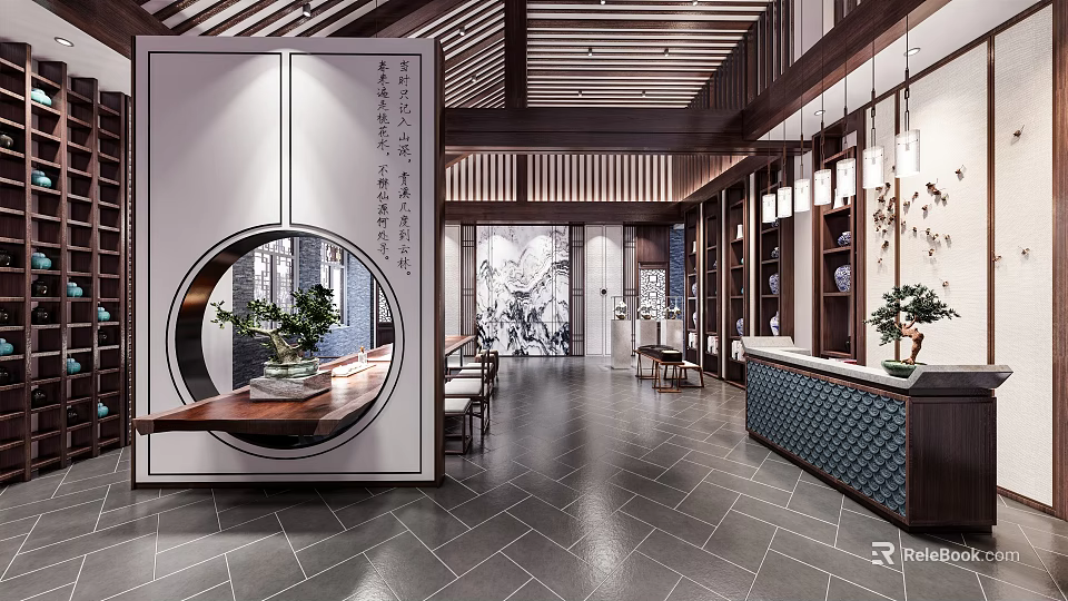 Traditional Chinese Teahouse Interior With Moon Gate Calligraphy Art Wooden Furniture And Hanging Lanterns 3d model 