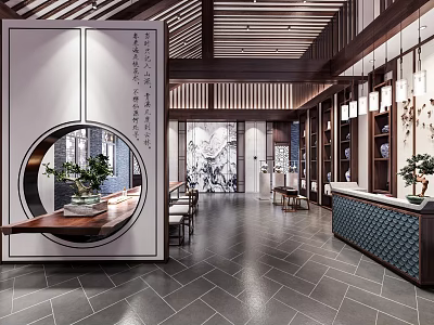 Traditional Chinese Teahouse Interior With Moon Gate Calligraphy Art Wooden Furniture And Hanging Lanterns 3d model