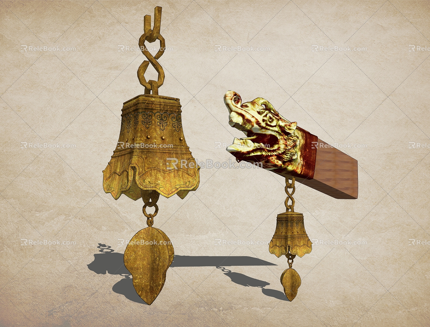 Wind chime copper bell set beast ancient building components 3d model