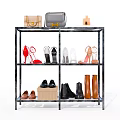 Modern Metal Frame Shoe Rack With Glass Shelves And Storage For High Heels Boots Handbags