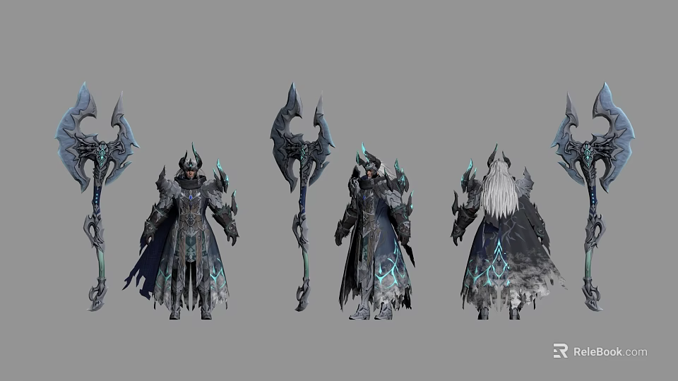Man In Dark Robe With Blue Accents Horned Helmet Holding Large Weapon From Different Angles 3d model 