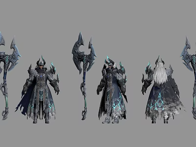 Man In Dark Robe With Blue Accents Horned Helmet Holding Large Weapon From Different Angles 3d model