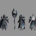 Man In Dark Robe With Blue Accents Horned Helmet Holding Large Weapon From Different Angles