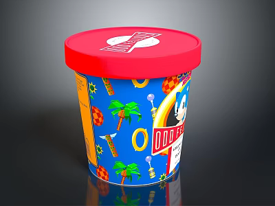 Colorful Ice Cream Container With Red Lid Blue Body Palm Trees And ODD FROST Branding 3d model