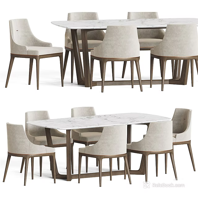 Modern Dining Table Set with Rectangular Marble Top Light Colored Chairs and Wooden Legs 3d model