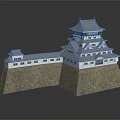 Traditional Japanese Castle Architecture With Multi Tiered Tower Stone Wall And Blue Roof