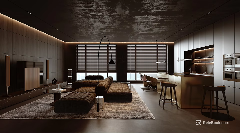 Modern Living Dining Room Interior With Dark Ceiling Floor to Ceiling Windows and Bar Counter 3d model