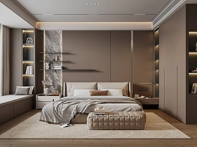 Modern Elegant Bedroom Interior Featuring Soft Bedding Marble Accent Wall Built-in Shelves And Ottoman Rug 3d model