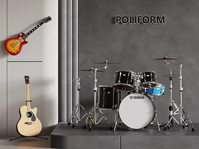 Musical Instruments and Art Supplies with Electric Acoustic Guitars Drum Set 3d model