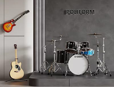 Musical Instruments and Art Supplies with Electric Acoustic Guitars Drum Set 3d model