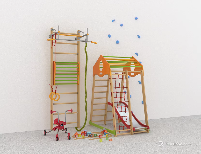 Wooden Kids Playground Equipment Climbing Frame Ladder Ring House Slide Building Blocks Red Toy Car 3d model 