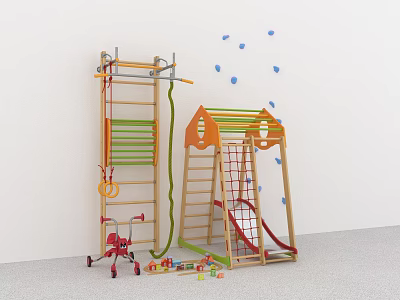 Wooden Kids Playground Equipment Climbing Frame Ladder Ring House Slide Building Blocks Red Toy Car 3d model