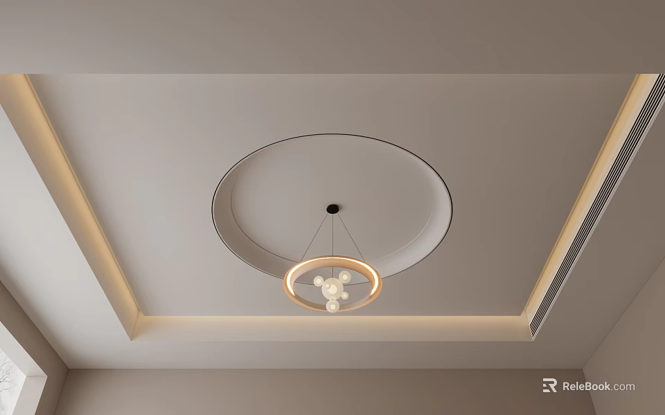 Minimalist Ceiling Design With Circular Recessed Light Strips And Pendant Light 3d model