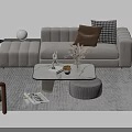 Modern Light Gray Sofa and Coffee Table Set with Decorative Pillows and Area Rug 3d model