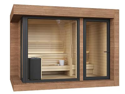 Modern Wooden Shower Sauna Interior with Glass Windows Benches and Stove 3d model