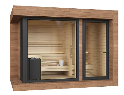 Modern Wooden Shower Sauna Interior with Glass Windows Benches and Stove 3d model