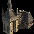 Historic Building With Pointed Spires Stone Walls Sloped Roof And Wooden Framed Windows