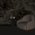 Leather Single Seater Sofa With Stone Texture Wall Black Table Green Plant And Floor Lamp
