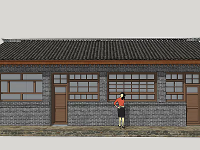 Traditional Chinese Architecture Exterior With Gray Brick Wall Black Tiled Roof And Standing Person 3d model