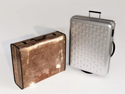 Vintage Copper Suitcase And Silver Grid Patterned Luggage Displayed Together On White Background 3d model