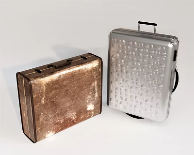 Vintage Copper Suitcase And Silver Grid Patterned Luggage Displayed Together On White Background 3d model