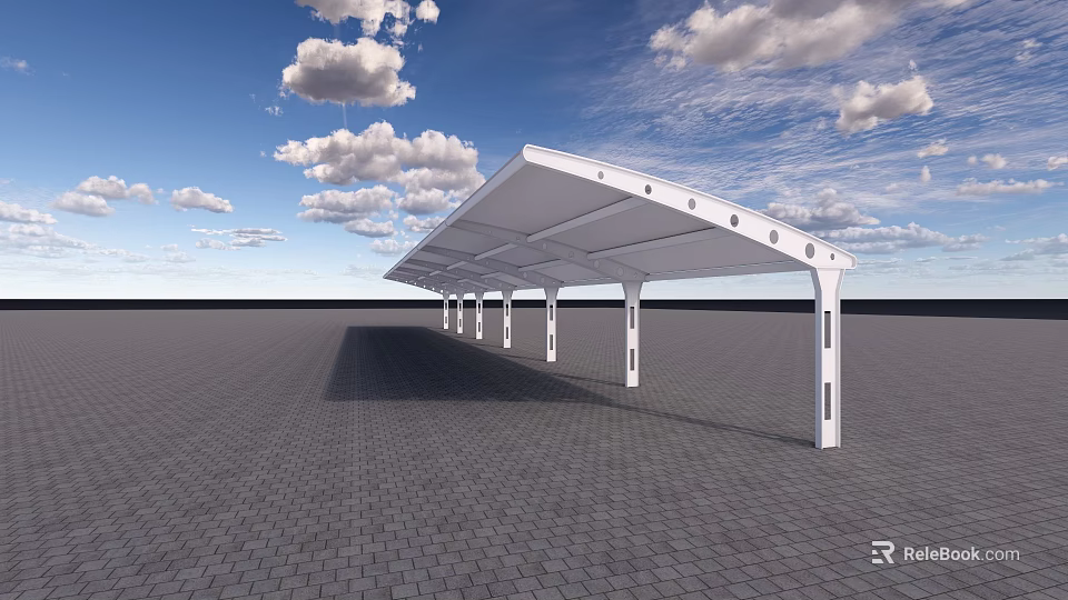 White Outdoor Canopy With Multiple White Pillars On Brick Paved Ground Under Blue Sky 3d model 
