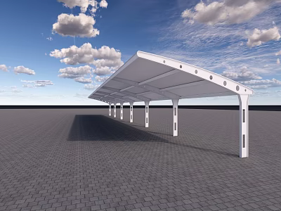White Outdoor Canopy With Multiple White Pillars On Brick Paved Ground Under Blue Sky 3d model