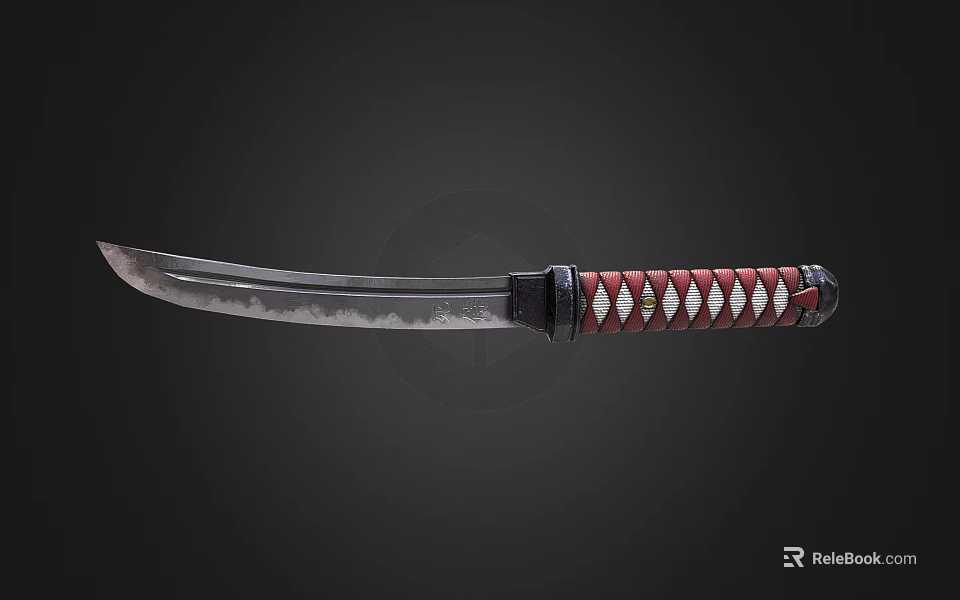 Traditional Samurai Sword With Curved Blade And Red White Diamond Pattern Handle 3d model