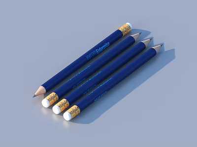 Three Blue Ticonderoga Pencils With Sharpened Light Tips And Gold White Erasers On Blue Background 3d model