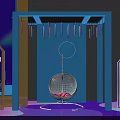 Vibrant Exhibition Booth With Blue Frame Hanging Colorful Strips Circular Ornaments And Hanging Chair