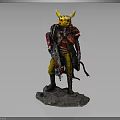 Armored Warrior With Yellow Creature Ears Holding Weapon On Stone Base