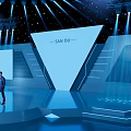 Modern Stage Design Person Standing Center San Su Sign Steps Starry Background Lighting