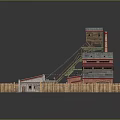 Cartoon Mining Scene With Red Building Green Crane Gray Roof And Wooden Fence