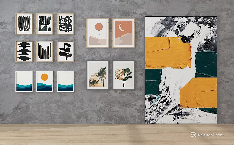 Modern Wall Art Decor With Geometric Patterns Palm Tree And Abstract Paintings 3d model