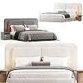 Modern Double Bed With Beige Upholstered Headboard Multiple Pillows And Wooden Nightstand