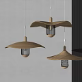 Wooden Saucer Shaped Pendant Lights With Metal Cage And Light Bulb On Grey Textured Wall