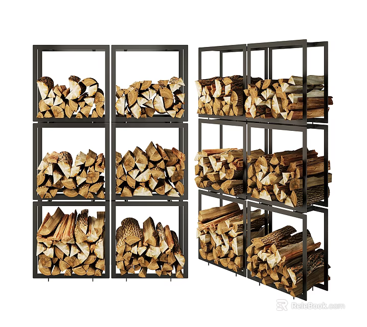 Stone Wood Logs Stacked Neatly On Metal Storage Racks For Organized Firewood 3d model 