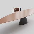 Modern Wooden Oval Dining Table With Black Base And Brown Chair